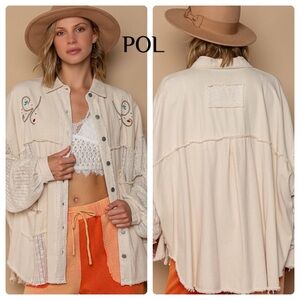 CLEARANCE NOW $35 31 ❤️Pretty POL oversized embroidered fray hem  shacket top
